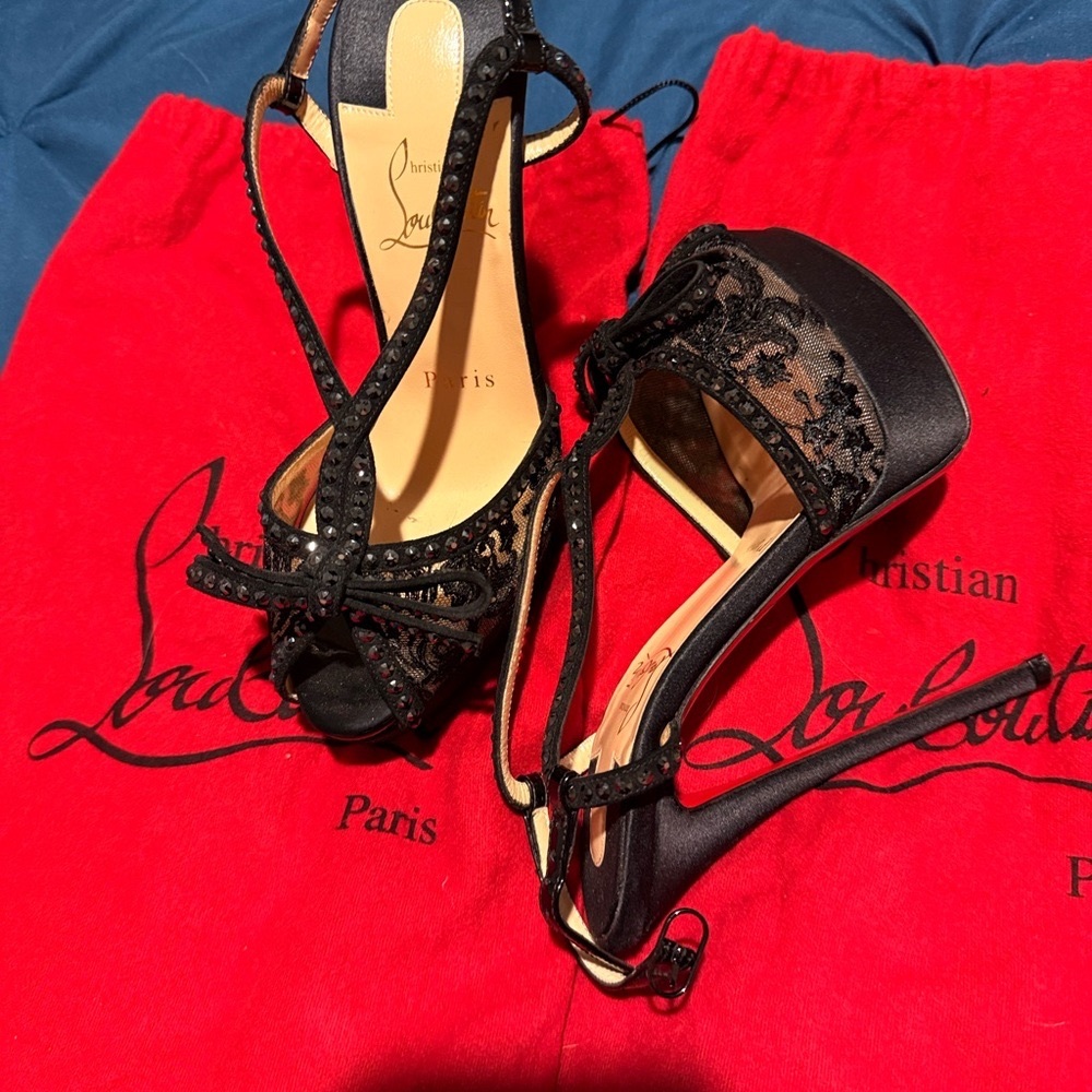 Christian Louboutin Black Patent Leather Platform Heels with Swarovski crystals - Picture 9 of 15